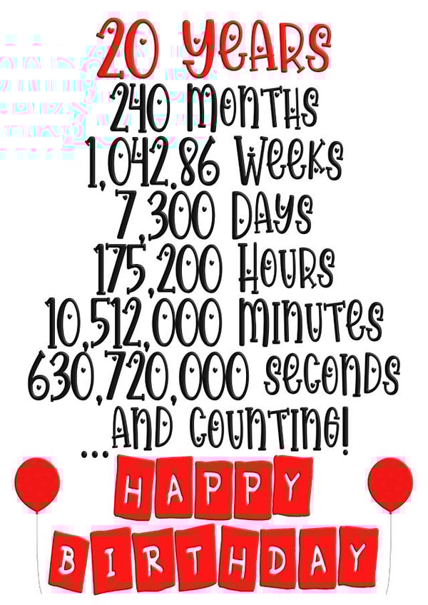 Celebrate a 20th birthday in months/weeks/days/hours/minutes & seconds! created by CardandFast