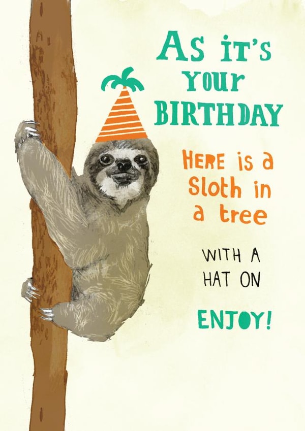 Birthday sloth in a tree with a hat on created by Pencilface