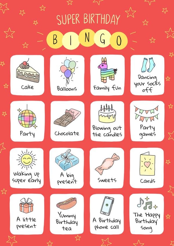 Kids Super Birthday Bingo card created by Evie Garnett Designs