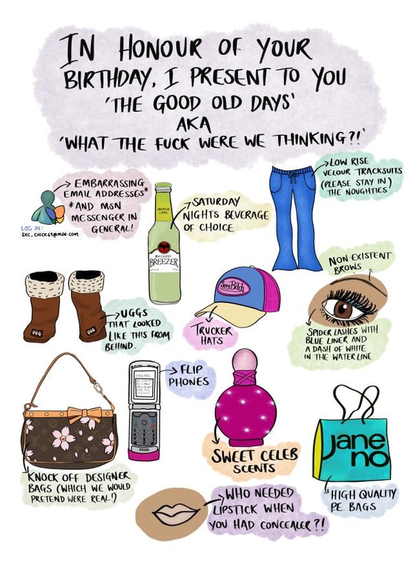 Throwback noughties trend birthday card created by Luna Magicis 