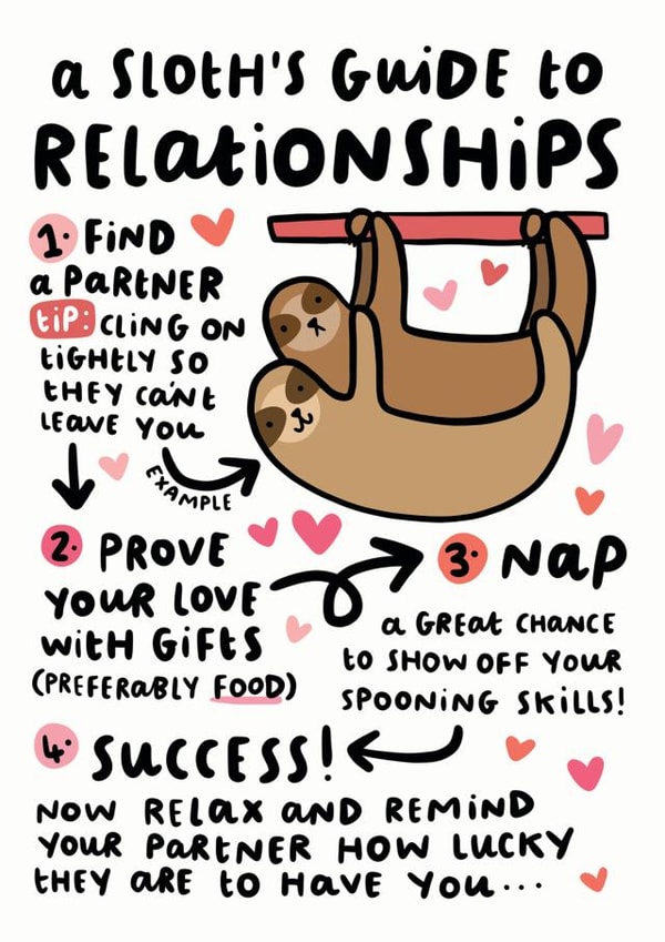 Cute Sloth Anniversary Card / Valentines Day Card - A Sloth's Guide To Relationships created by Arrow Gift Co