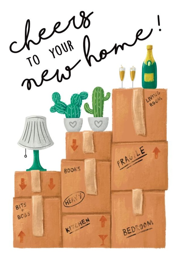 Cute Moving Boxes New Home Card - Cactus - Prosecco - Cheers To Your New Home created by Sophie Kent Illustration