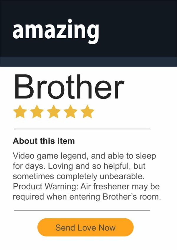 Funny 5 Star Brother Birthday Card - Prime Grade A Amazing Brother, Amazon Love created by Rosewood Design
