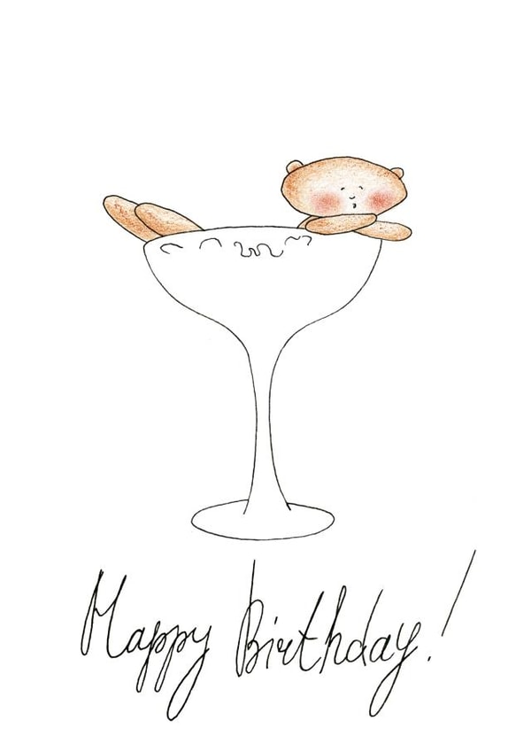 Teddy Bear in a cocktail glass birthday card created by Mishka Jenya