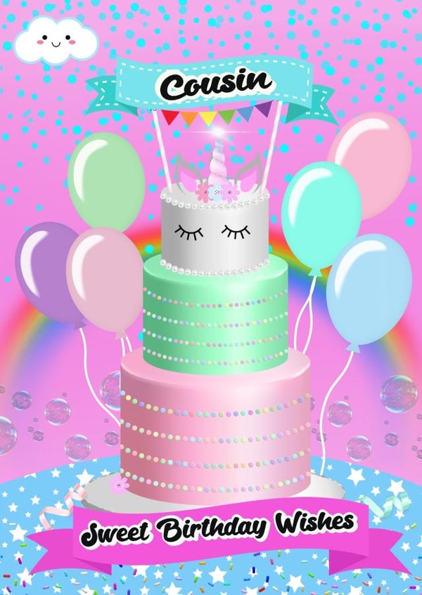 Cousin- Sweetest Unicorn wishes created by Kerrylovescards
