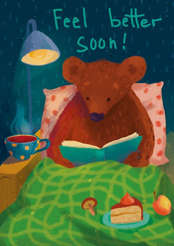 Feel better soon reading bear created by Katherine Polyakova