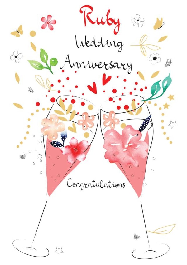 Pretty Ruby Wedding Anniversary Card - 40 Years - Prosecco - Ruby Wedding Anniversary Congratulations created by SABIVO Design by Sabina