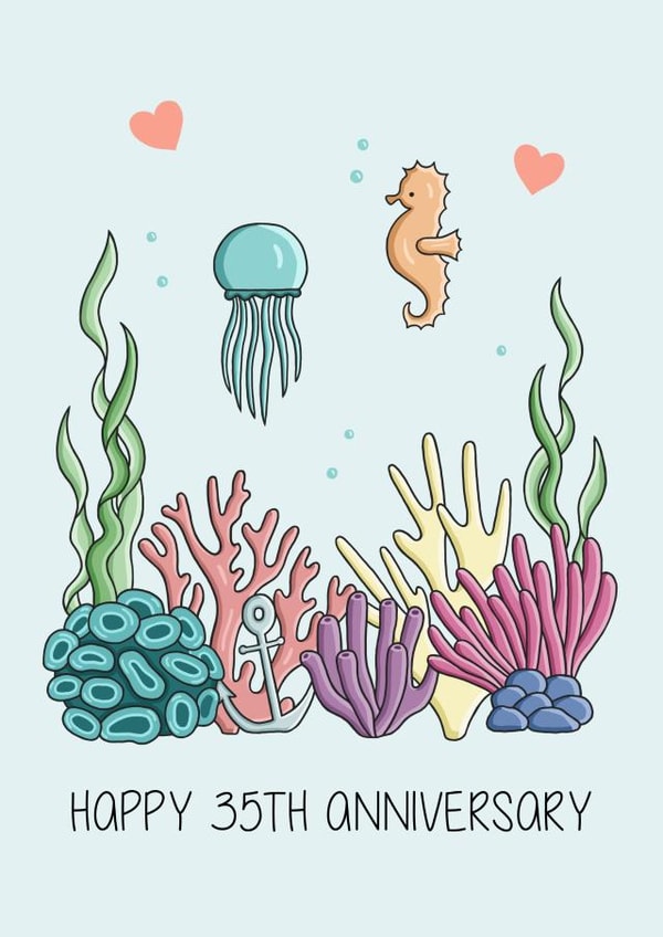 Cute Coral Anniversary Card - 35 Years - Happy 35th Anniversary created by Creaternet