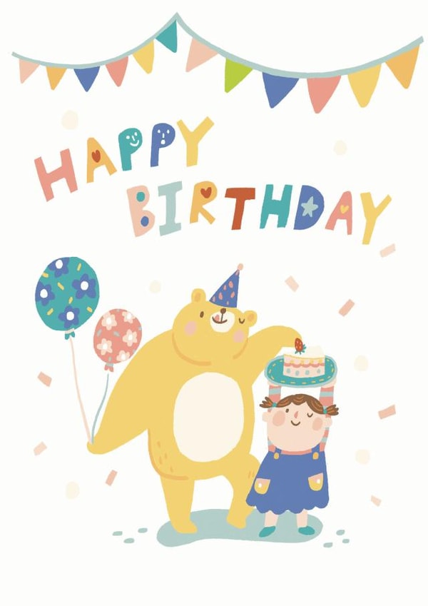 Cute bear and girl birthday card  created by Miss NoProblem