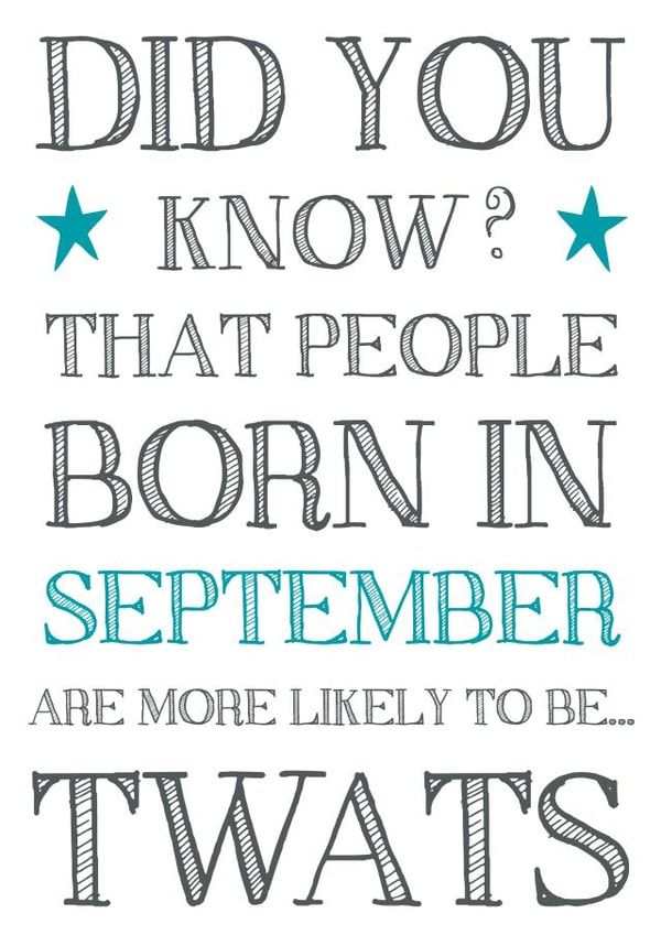 Funny, cheeky, naughty September birthday card for friend created by Hello Fridays Studio