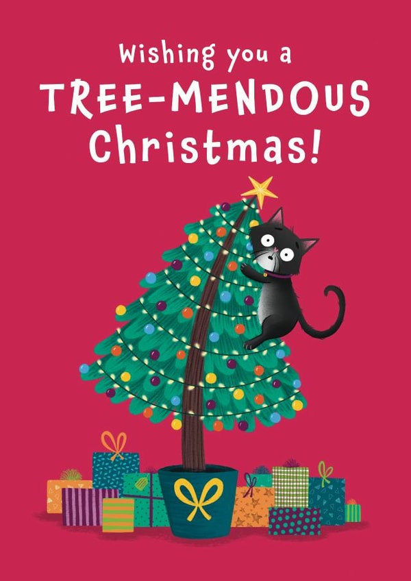 Wishing you a Treemendous Christmas - Cat - Pun - Cheeky Cat - created by Hannah Jayne Lewin