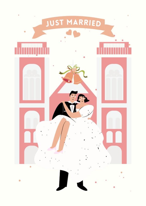 Just Married - Cute illustrated card created by Custom Card Co Shop