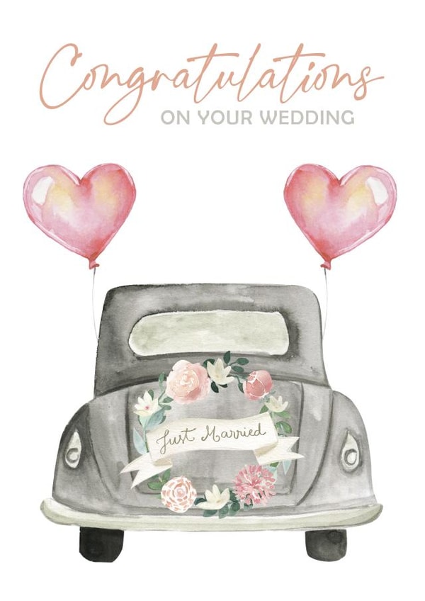 Congratulations on your Wedding - Car, Balloons and wreath design created by Michael Cutler