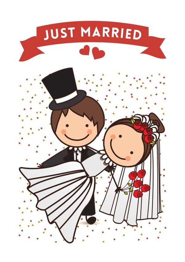 Just married! - Cute cartoon wedding card 1000 created by Custom Card Co Shop