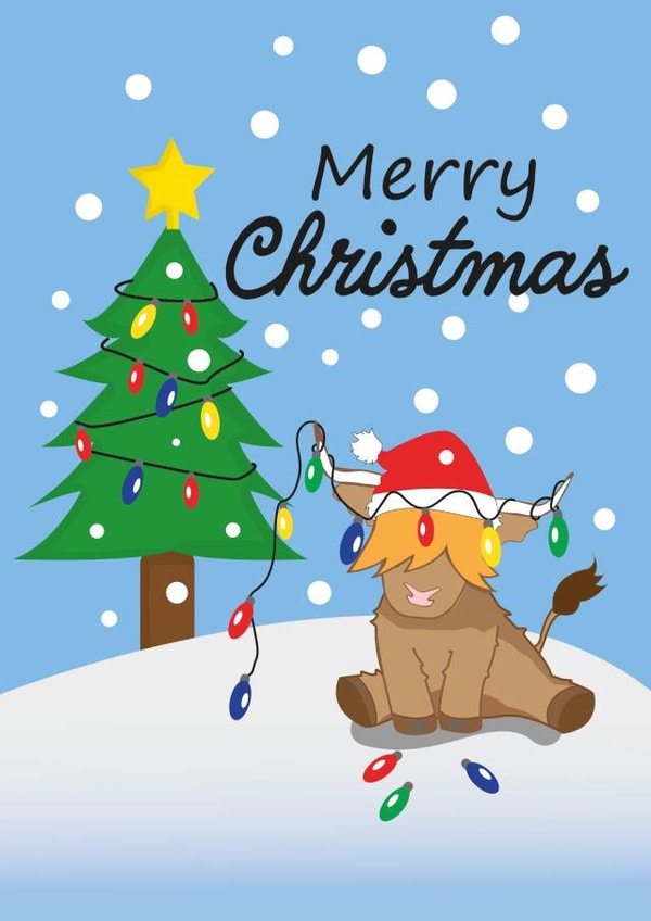 Cute highland cow merry chirstmas card created by Ayeland Co