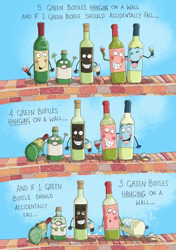 5 green bottles hanging on a wall created by Leah Rowe