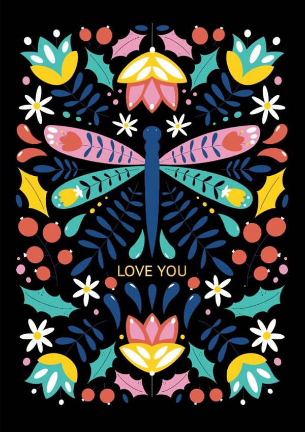 Love you card with flowers and a beetle created by Nastya Rizaeva