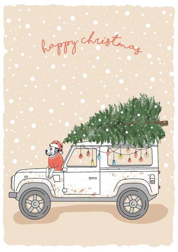 Land Rover delivering Christmas Tree with dog card created by Dotty Dog Art