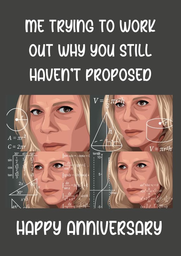 Funny Meme Anniversary Card - Meme - Me Trying To Work Out Why You Still Haven't Proposed created by Pack a Punch Designs