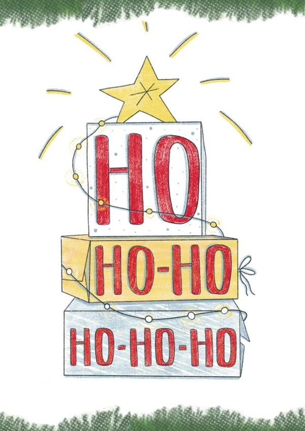 Ho ho ho! Christmas tree, gifts and garland with light bulbs. created by Olga Kru