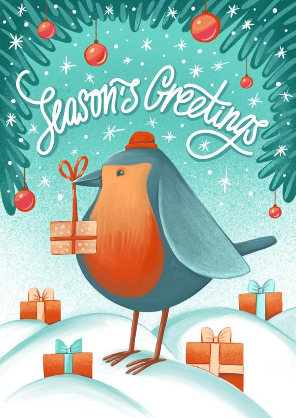 Season's greetings card with bird created by Katya Usova