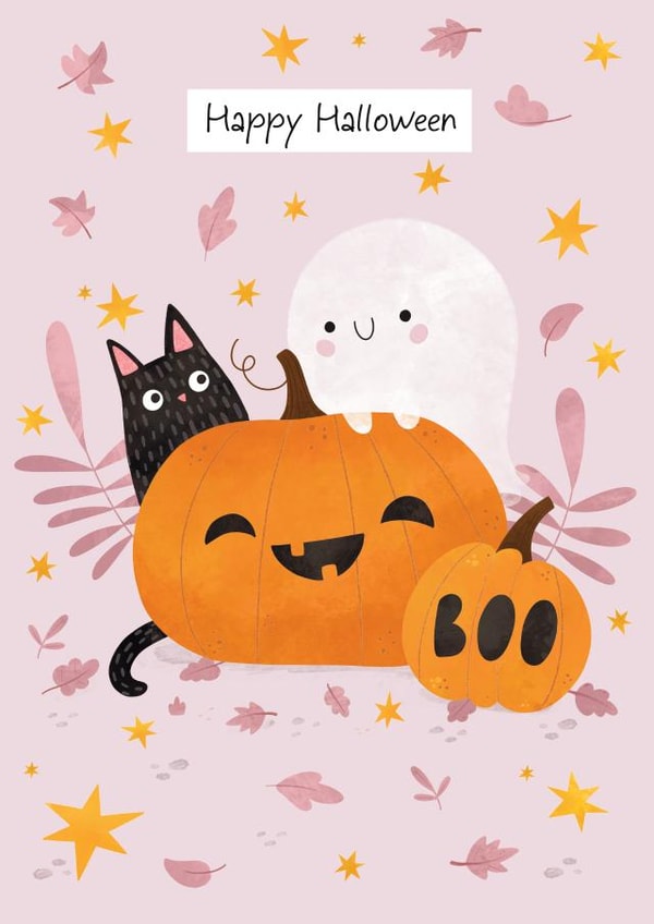 Halloween card with cute ghost, cat and pumpkins created by Nastya Rizaeva