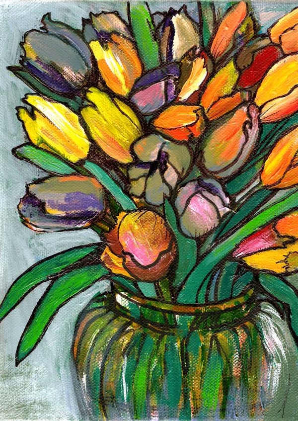 The Joy of Tulips, tulips in a glass vase. Blank for your message created by Plant Based Paintings