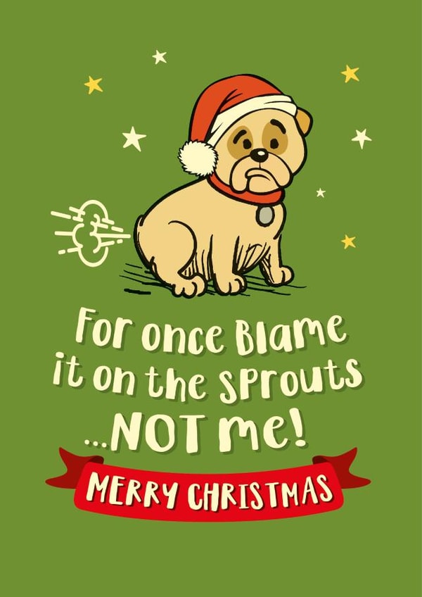 Farting British Bulldog Christmas card for dog lovers created by The Typecast Gallery