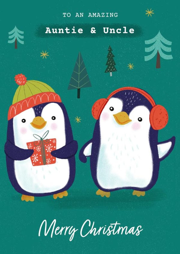 Cute Christmas Card - For Auntie & Uncle Xmas - Penguins created by Dalia Clark Design