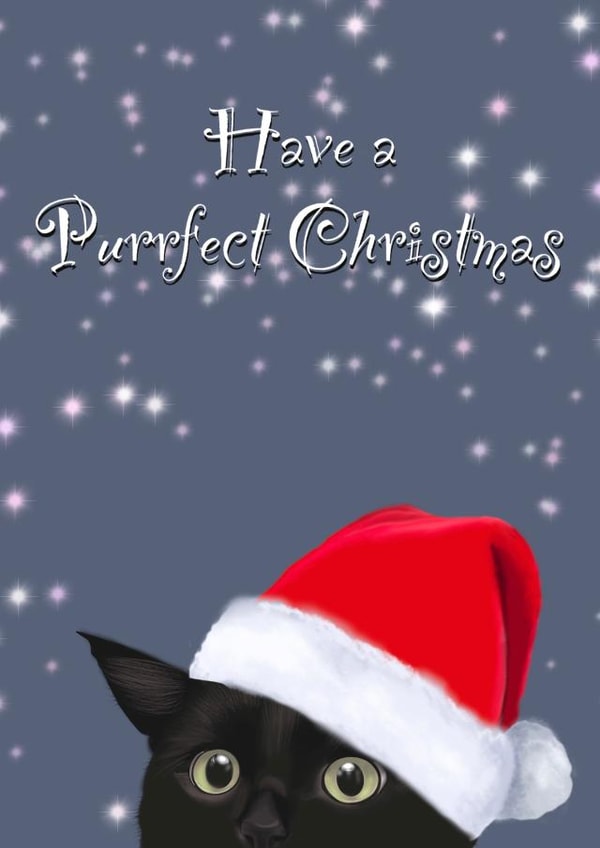 Purrfect Christmas Card - cute cat - Christmas hat- cute cat- peeking cat card created by Yamaste Art