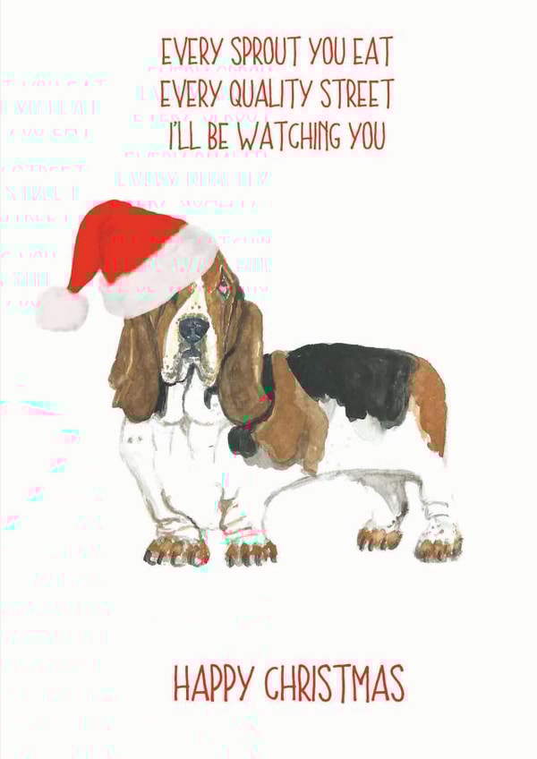 Bassett hound Christmas card created by Sarah Maddox