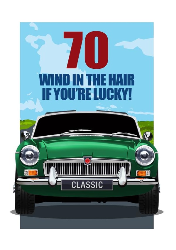 CLASSIC OPEN TOP SPORTS CAR 70TH BIRTHDAY CARD created by RetroMotion Artwork