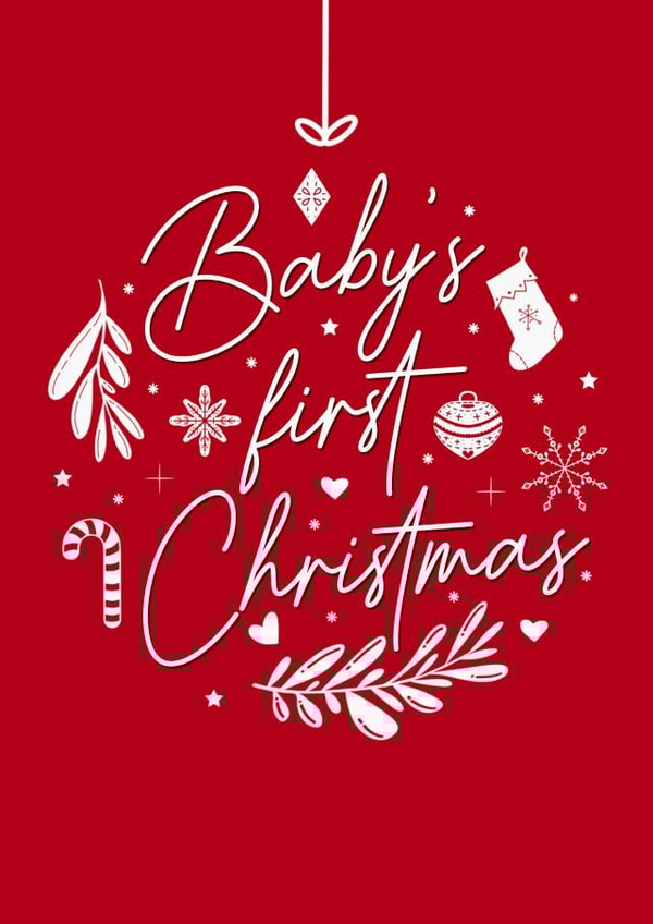 Baby’s first Christmas bauble Christmas card in red created by The Girl Next Draw Cards