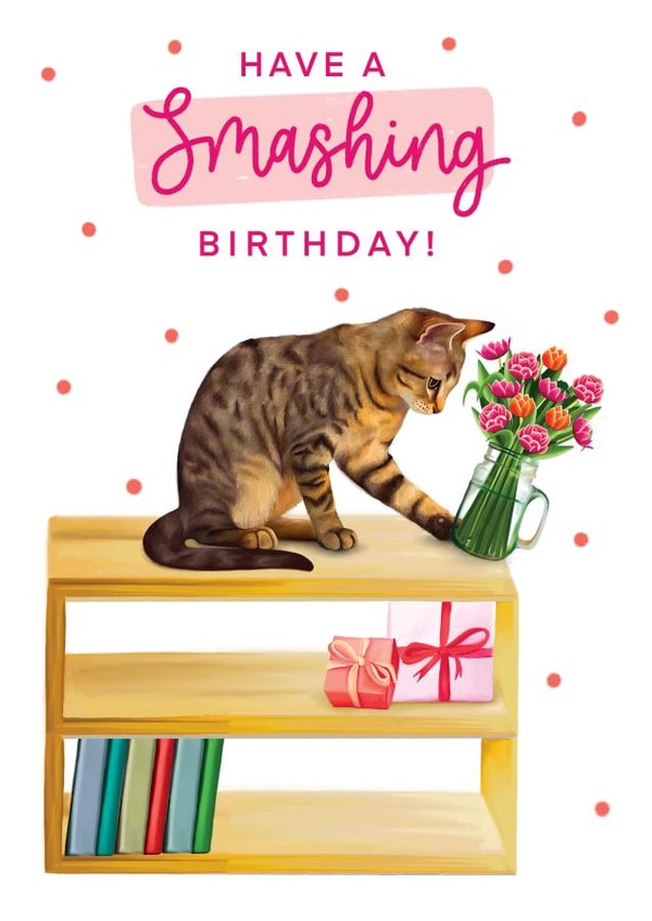 Have a Smashing Birthday! Funny Tabby Cat Card created by Hot Dog greetings