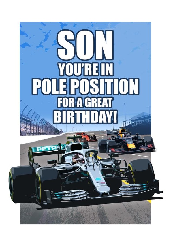 F1 RACING CARS BIRTHDAY CARD SON. created by RetroMotion Artwork