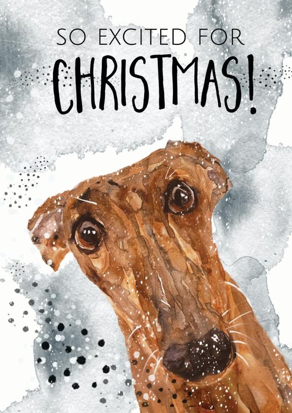 Excited Greyhound Christmas Card created by Jo Scott Art