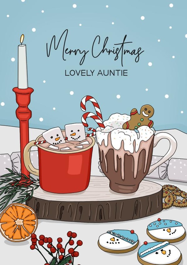 Auntie Hot chocolate Christmas table card created by Evie Garnett Designs