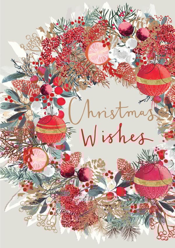 Christmas Wreath and Baubles - Red Wreath - Pretty - Classic - Traditional - Christmas Wishes - Special - Festive Wreath - Christmas Card created by Louise Tiler