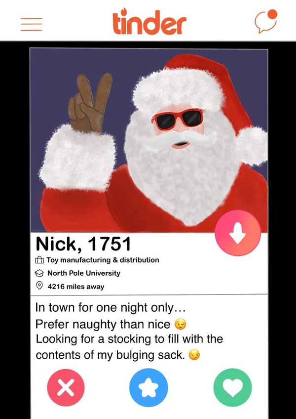 Rude - Cheeky - Tinder - Sex Toys - Dating App - Nick Claus - Prefer Naughty Than Nice - Match - Christmas Card created by Scrambled Meg Designs