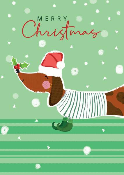 Sausage Dog Christmas Card by Carolyn Suzuki for 1973