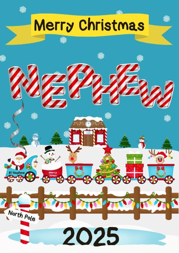 Cute Nephew - Snowy Christmas 2025 Express Train scene with Santa and reindeer created by Kerrylovescards