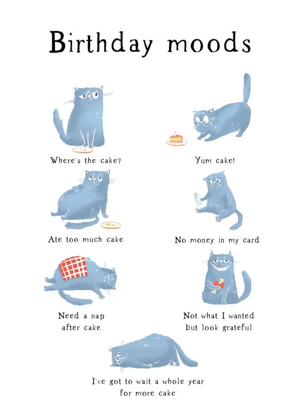 Birthday moods cat card created by Huxters