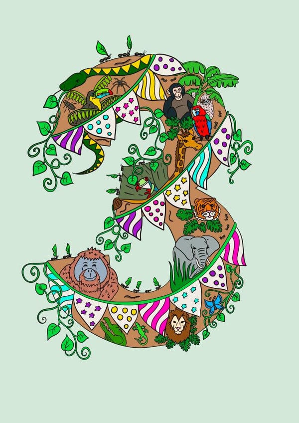 Wild 3rd Birthday Jungle Card for girls or boys - animal themed - celebration created by Jenny Wren Designs