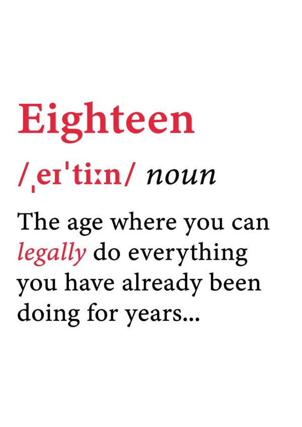 Funny Definition 18th Birthday Card - Eighteen - Legally Do Everything created by @RoseDesignCards