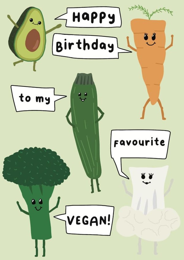 Happy veggies vegan birthday card created by Zoë Nash
