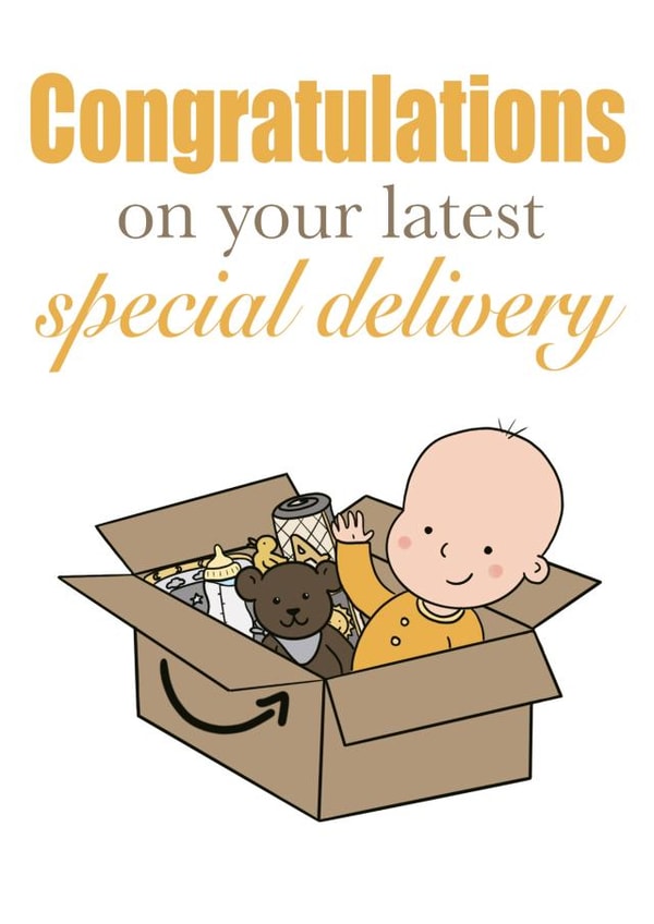 Amazon inspired "new baby" card for online shopping fans and new parents created by Karentoons