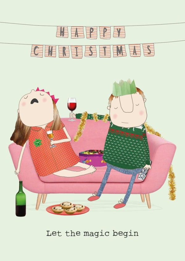 Let The Magic Begin - Christmas Snooze - Wine - Drunk - Passed Out - Sleep - Sofa Nap - Funny - Parents - Christmas Card created by Rosie Made A Thing