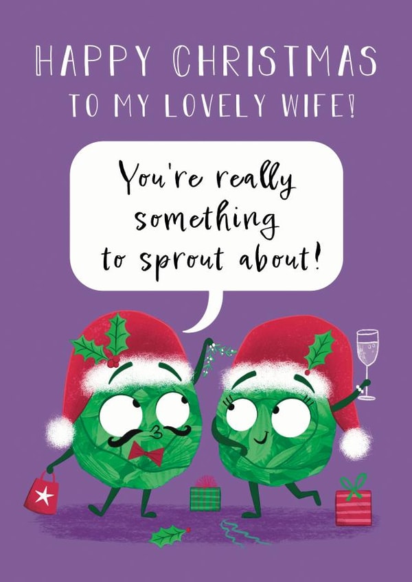 Happy Christmas Wife - Cute Sprouts - Modern - Lovely Wife - Youre Really Something To Sprout About - Pun - Christmas Card created by Hannah Jayne Lewin