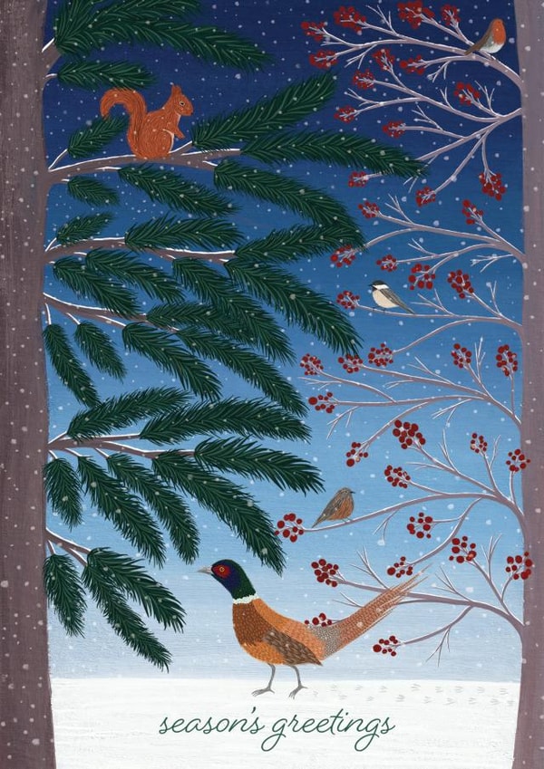 Season's Greetings woodland birds and squirrel card created by Sofia Papa Designs