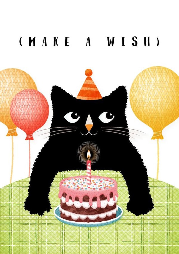 Make a wish birthday greeting card with cat, cake and balloons created by Pupsiku